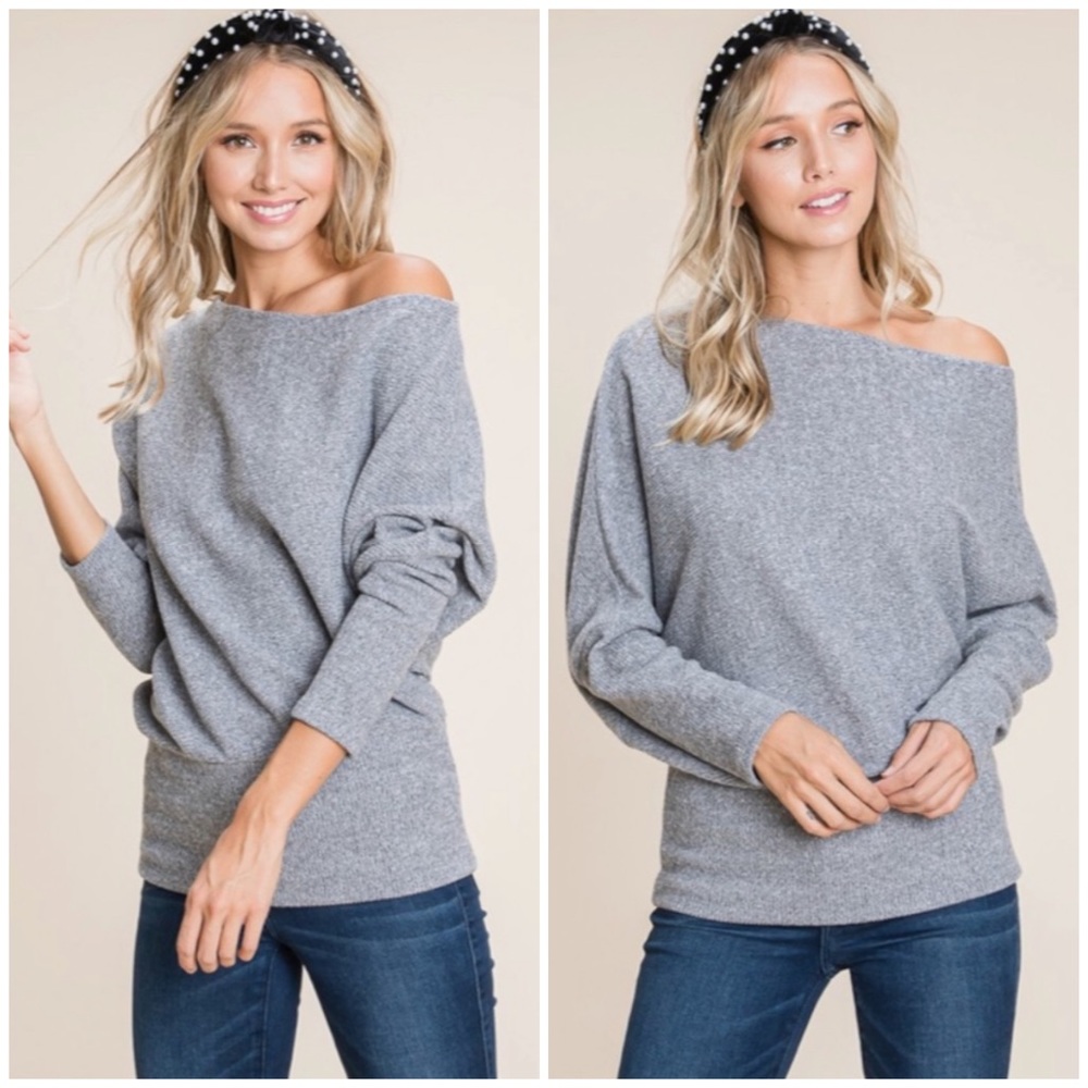 SOLD OUT Gray Solid Ribbed Off Shoulder Dolman Sweater - Picture 1 of 6